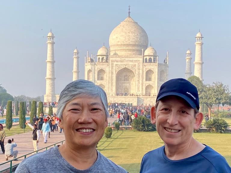 Sue & Reggie at the Taj Mahal for Travel Writing