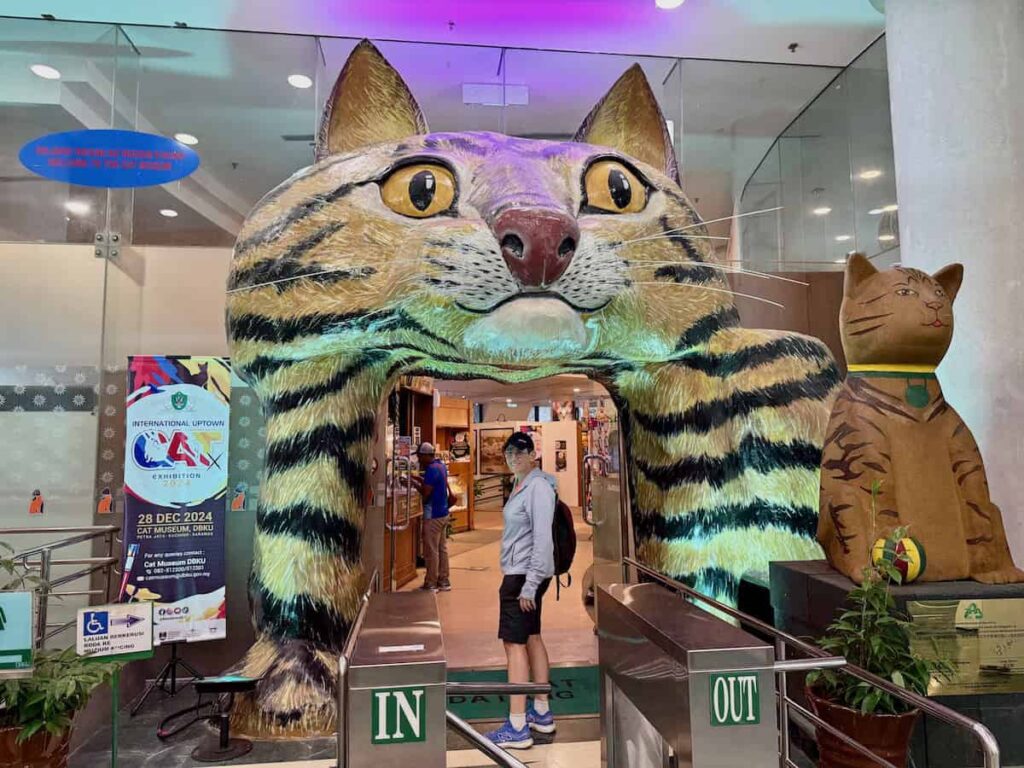 A person walking through a huge mouth of a cat to enter the Cat Museum in Kuching During Monsoon Season