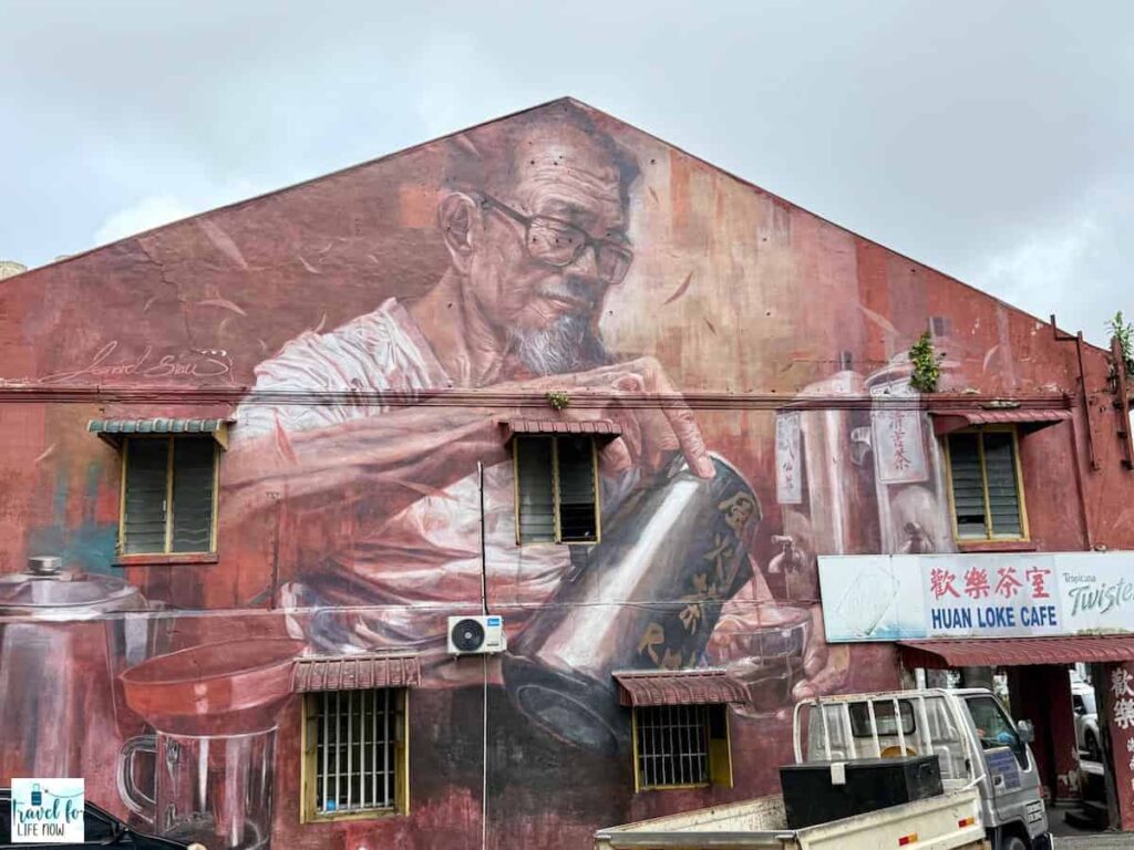 Painting of a tea shop owner pouring tea into a cup