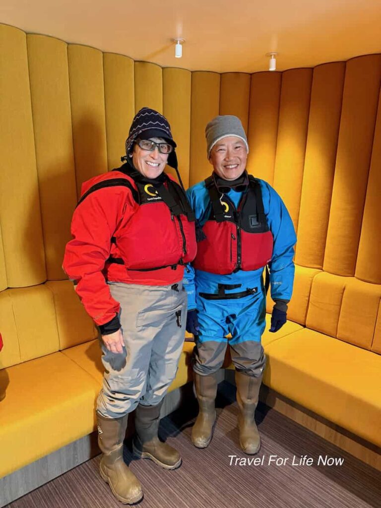 Picture of Sue and Reggie with kayaking gear one.