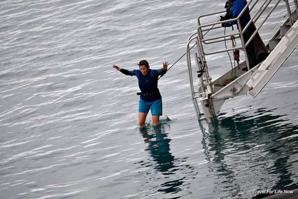 Picture of woman jumping of a ship into the Arctic Ocean Spitsbergen Polar Bear Cruise